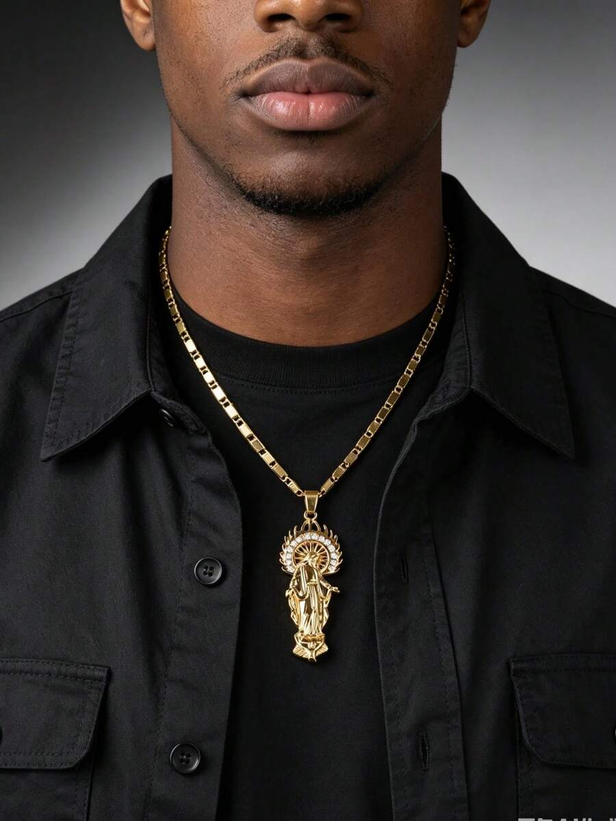 1pc Men's Hip-Hop Style Flame Halo Virgin Mary Necklace, Shiny Party Accessory For Men, Daily Catholic Faith Jewelry, Hip-Hop Outfit Accessory - Yellow Gold - View 1