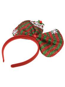 1pc Christmas Red & Green Striped Sequin Large Bow Headband MerryChristmas Snowflake Decor Bell Head Hoop Holiday Party Costume Hair Accessory - Red and Green - View 5