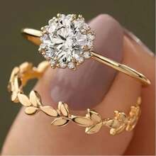 DIYCCPC Women's Gold 2 Pieces Stackable Bridal Ring Set, Leaf & Vine Design, Round Cubic Zirconia Solitaire Ring With Floral Accent Stones And Textured Wedding Band - Two-color - View 1