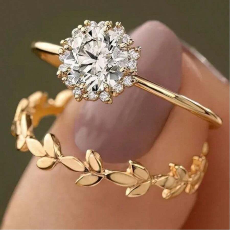 DIYCCPC Women's Gold 2 Pieces Stackable Bridal Ring Set, Leaf & Vine Design, Round Cubic Zirconia Solitaire Ring With Floral Accent Stones And Textured Wedding Band - Two-color - View 1