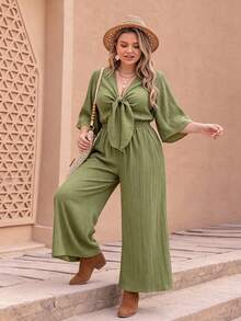 Plus Size Women Casual Vacation Bohemian Style Loose Long Jumpsuit - Green - View 3