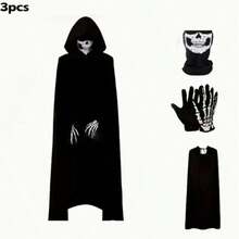Grim Reaper & Vampire Cloak Set - Gothic Cape With Hood And Mask, Suitable For Halloween Party And Cosplay Costume - Black - View 9