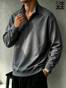 mulinsen Men's Solid Color Half-Zip Stand Collar Sweatshirt, Drop Shoulder Long Sleeve Top, Minimalist Commuter Casual Style - Dark Grey - View 3