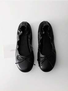 1 Pair Women's Black Bow Soft Sole Ballet Shoes With Ruched Lace Trim, Slip-On Loafers, Fashion Commuter Flat Shoes - Black - View 3
