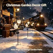 Garden Pathway Decorative Solar Light, Bronze Metal Moon & Snowman Design With Cracked Glass LED Bulbs, Outdoor Lawn Walkway Winter Season Decoration - Moon Snowman Black Hat Ground Stake - View 2