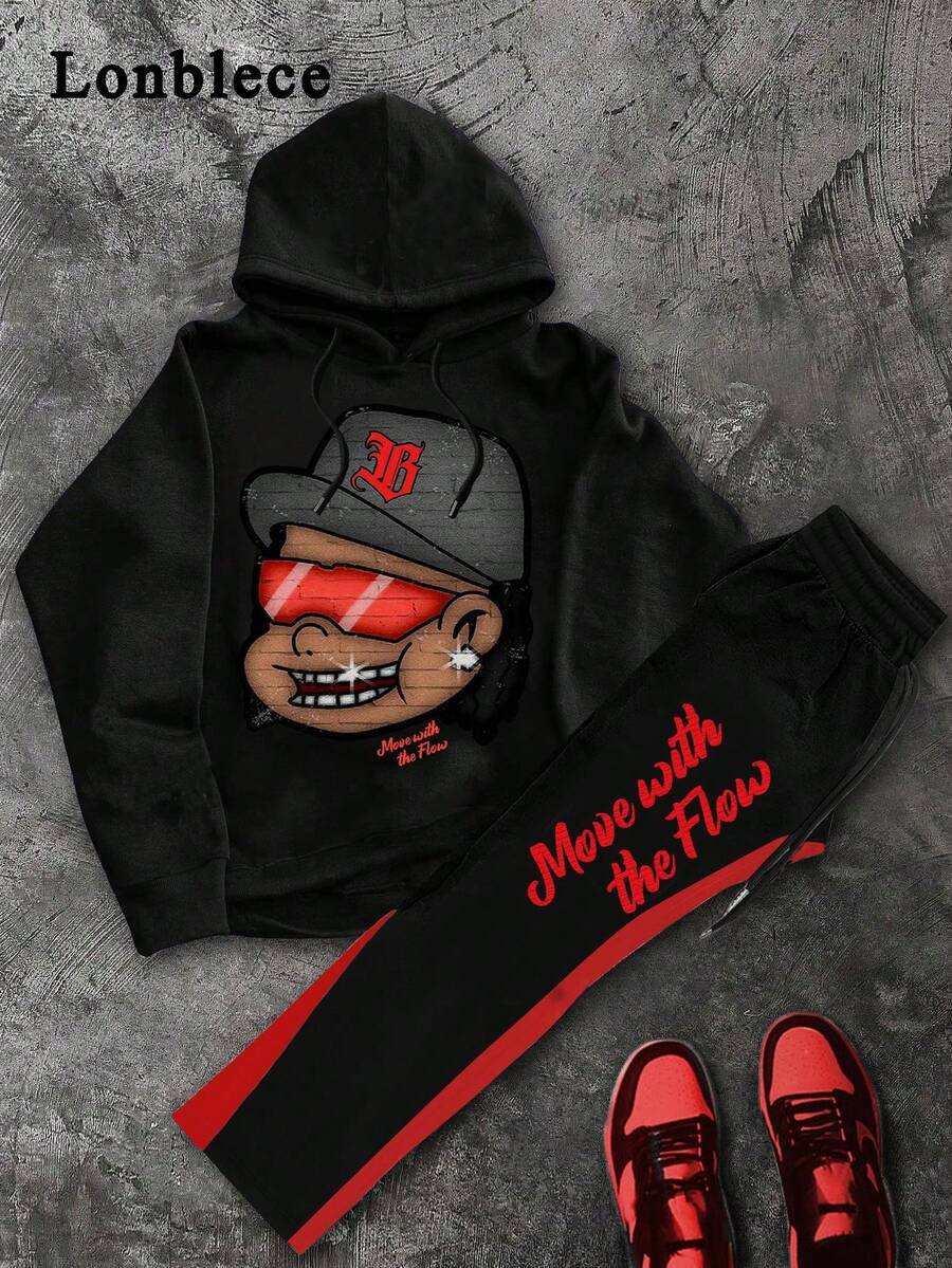 Lonblece 2pcs/Set American Style Hand-Painted Cartoon Portrait Print Knit Hoodie Sweatshirt With Sweatpants For Men, Autumn - Black - View 1
