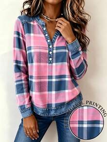 Plus Size Women's Pink & Blue Plaid Long Sleeve Button-Up Top, Casual Knit Shirt For Autumn/Winter - Pink - View 4