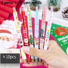 16pcs Random Cute Christmas Cartoon Retractable Gel Pens, Christmas Tree Santa Claus Reindeer Pattern Press-Type Water Pens, Office Planner Writing Stationery Christmas Party Small Gift, Includes 6 Pens + 10 Refills - Multicolor - View 7