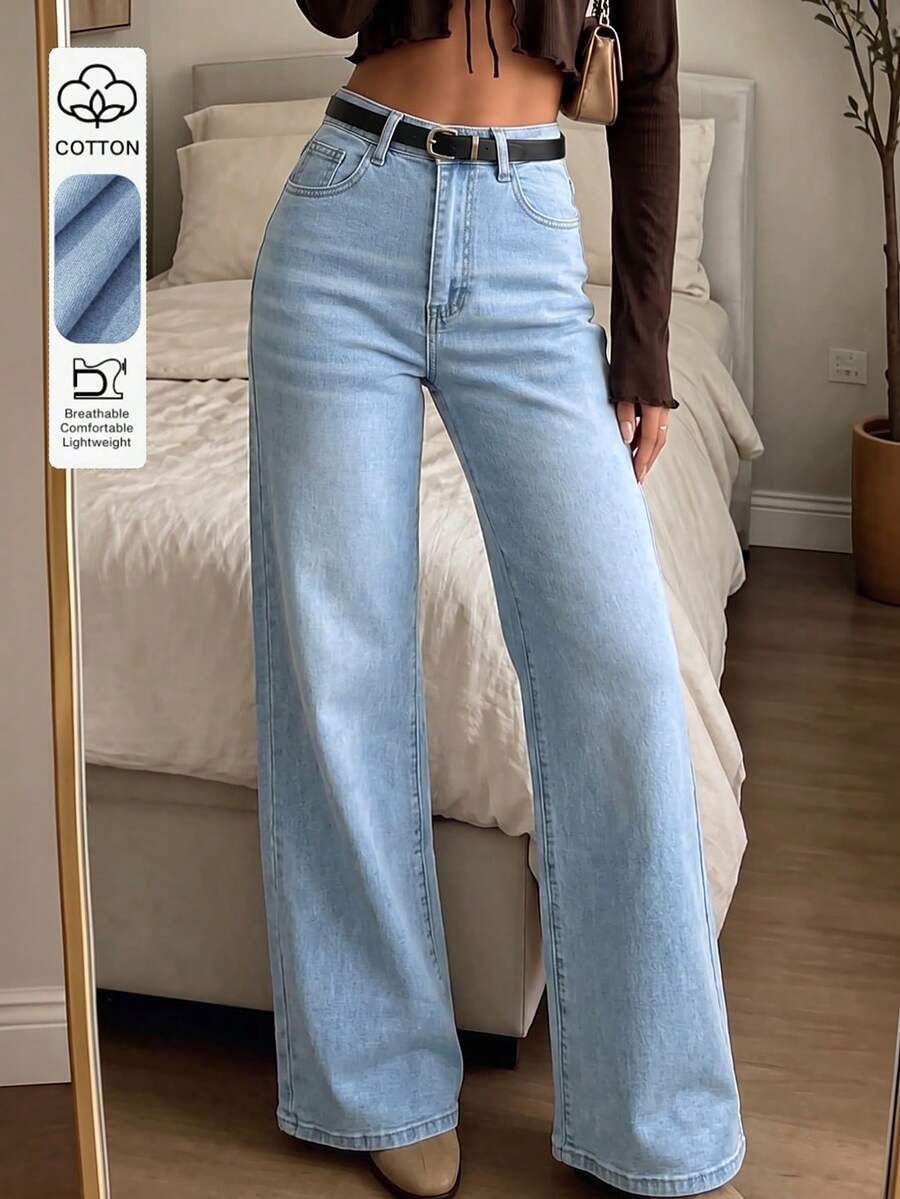 High Waist Washed Stretch Straight Leg Jeans, Casual Comfortable Daily Wear - Light Wash - View 1
