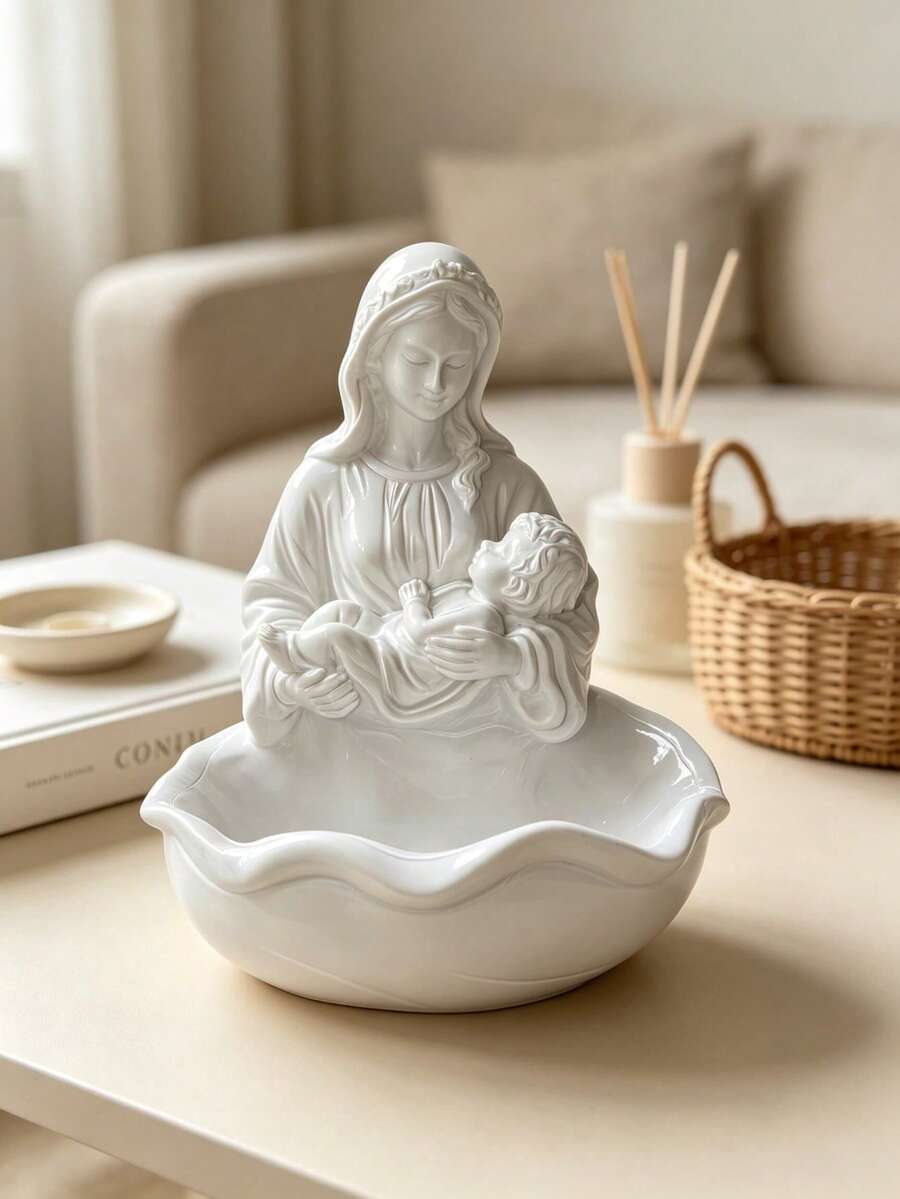 1pc Children's Statue With Wavy Bowl, White Holy Water Basin, Virgin Mary Small Statue, Suitable For Shelf Altar, Elegant Religious Home Decor, Wavy Bowl Tray, Altar Home Decor, Christian Gift - 1 Pc - View 1