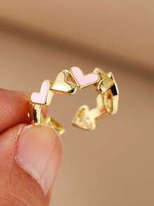 1Pc Sweet Gold Color Copper Pink Enamel Heart Open Ring For Women Daily Dating Valentine's Day Jewelry Gift - Multicolor - View 2