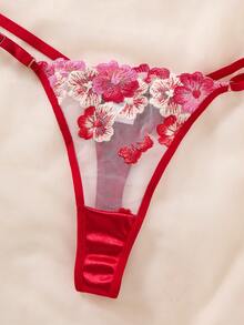 2pcs/Set Women's Black & Red Gothic Style Comfortable Breathable Embroidered Floral Lingerie Set, Christmas And Halloween Gift - Burgundy - View 6