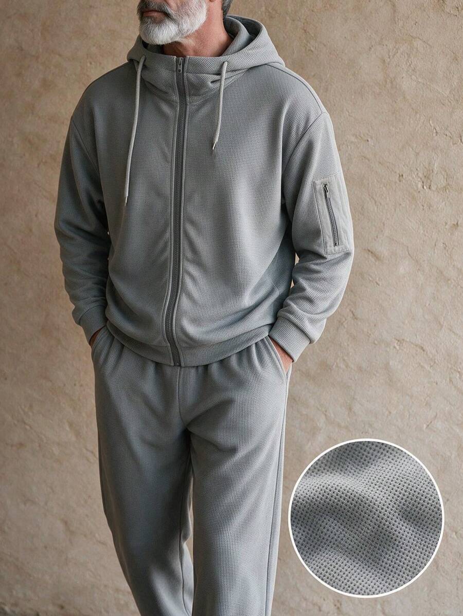 GOLDREDY Set 2 Potong Kasual Premium Pria, Jaket Berkerudung Rajut Waffle yang Bernapas & Celana Olahraga, Sweatshirt Olahraga untuk Perjalanan Bisnis - Grey - View 1