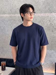 Spring/Summer New Business Style Solid Color Mature Minimalist Brushed Knit Base Layer Short Sleeve T-Shirt Back To School - Blue - View 1