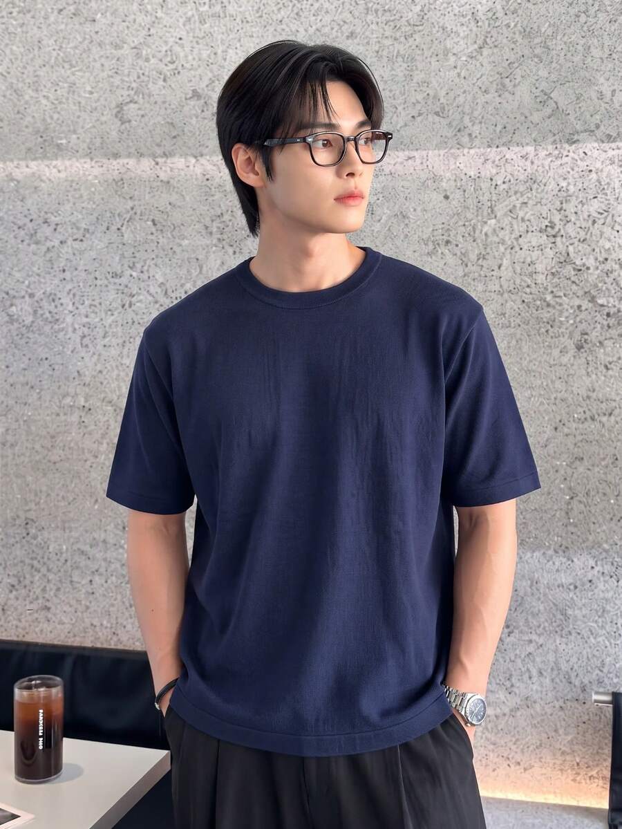 Spring/Summer New Business Style Solid Color Mature Minimalist Brushed Knit Base Layer Short Sleeve T-Shirt Back To School - Blue - View 1