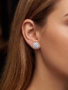 1pc Moissanite Stud Earrings Minimalist Style 0.5CT Mini Square Earrings, Suitable For Women's Daily Wear And Gifting - Silver - View 7