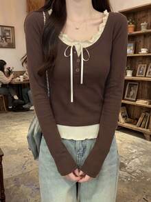 Blus Ruffle Lengan Panjang dengan Pita Manis untuk Wanita, Gaya Musim Semi/Panas, Hari Valentine, Atasan Musim Dingin - Coklat - View 4