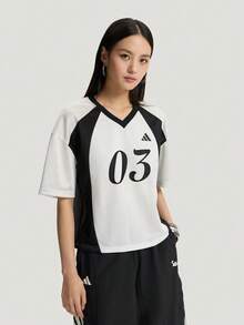 Adidas Women's TIRO TEE2 Short Sleeve Knit Collarless T-Shirt TKX0862 - Black and White - View 1