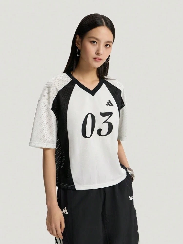Adidas Women's TIRO TEE2 Short Sleeve Knit Collarless T-Shirt TKX0862 - Black and White - View 1