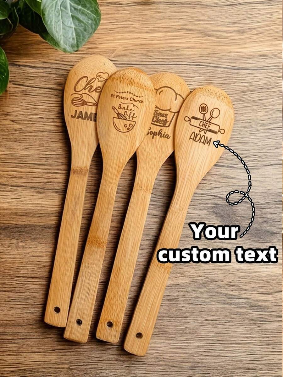1pc Personalized Bamboo Cooking Spoon, Bamboo Kitchen Spoon, Can Engrave Name, Letter Or Text, Kitchen Utensil, Ideal Gift For Mom And Cooking Enthusiasts - Multicolor - View 1