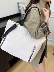 Tote Bag, Loose Large Capacity Body, Dual Handle Shoulder Straps, Zipper Pockets On Both Sides, Detachable Long Shoulder Strap. Lightweight Body, Compartmentalized Storage, Can Be Carried On Shoulder Or Crossbody, Suitable For Daily Outings, Versatile And Practical. - White - View 3