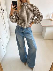 Women's Vintage Plaid Long Sleeve Jacket, Stand Collar, Zipper & Button Front Short Jacket, Perfect Fashion Choice For Autumn - Multicolor - View 4