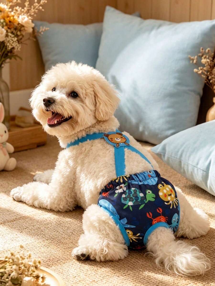 Blue Breathable Polyester Mesh Cute Cartoon Pet Harness With Sanitary Pants/Pet Diapers, Suitable For Small And Medium Female Dogs During Heat Period (Not Suitable For Large Dogs)