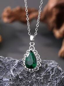 1pc Vintage Cubic Zirconia Women's Necklace, Silver Green Zirconia Necklace With Stainless Steel Chain, Non-Fading, Daily Wear, Gift For Girlfriend - Lace Teardrop - View 1