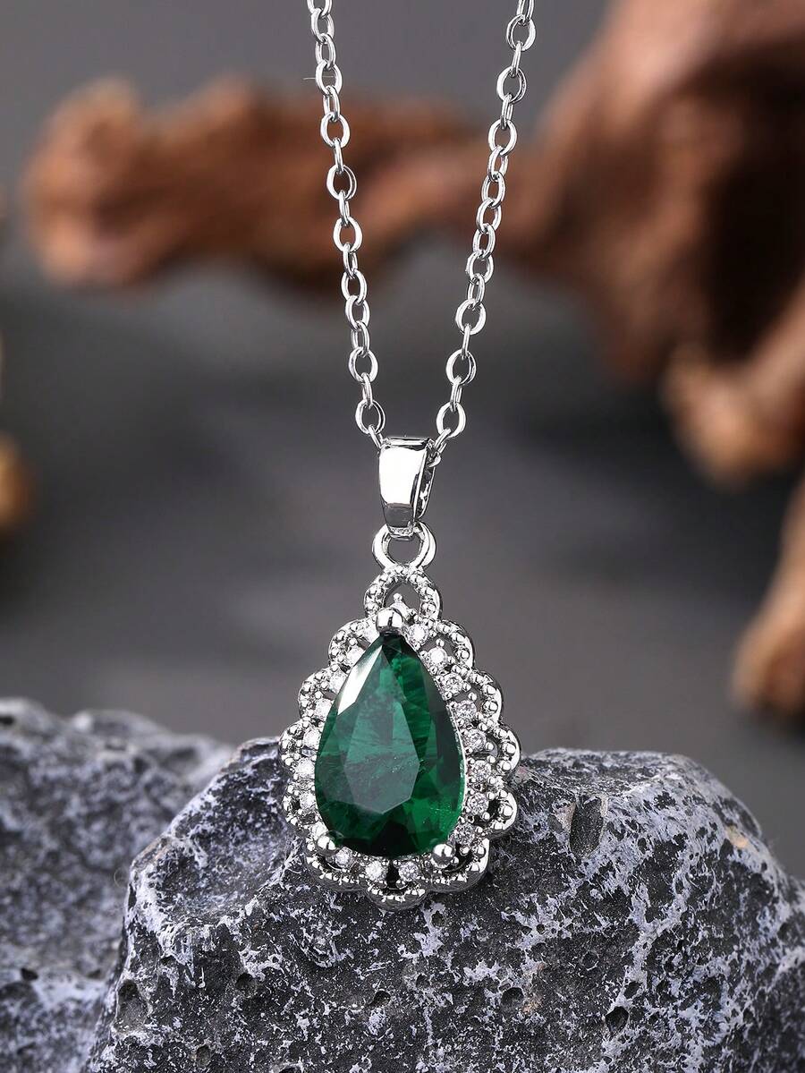 1pc Vintage Cubic Zirconia Women's Necklace, Silver Green Zirconia Necklace With Stainless Steel Chain, Non-Fading, Daily Wear, Gift For Girlfriend - Lace Teardrop - View 1