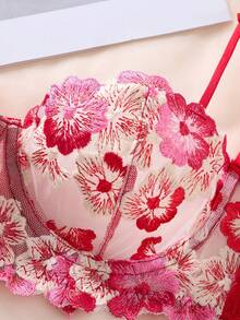 2pcs/Set Women's Black & Red Gothic Style Comfortable Breathable Embroidered Floral Lingerie Set, Christmas And Halloween Gift - Burgundy - View 5
