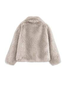 Women's Fashionable Solid Color Faux Fur Coat, Long Sleeve, Waterfall Collar, Fluffy Details, Regular Length, Suitable For Autumn/Winter - Apricot - View 5