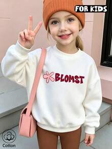 Girls Blomst Slogan Pink Flower Print Crew Neck Sweatshirt, Kids Casual Long Sleeve Fleece Pullover - White - View 3