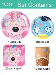 50pcs Pink & Blue Monster Theme Tableware Set, Includes Printed Plates, Cups And Napkins, Suitable For Children's Monster Theme Birthday Party And Cartoon Party - Multicolor - View 9