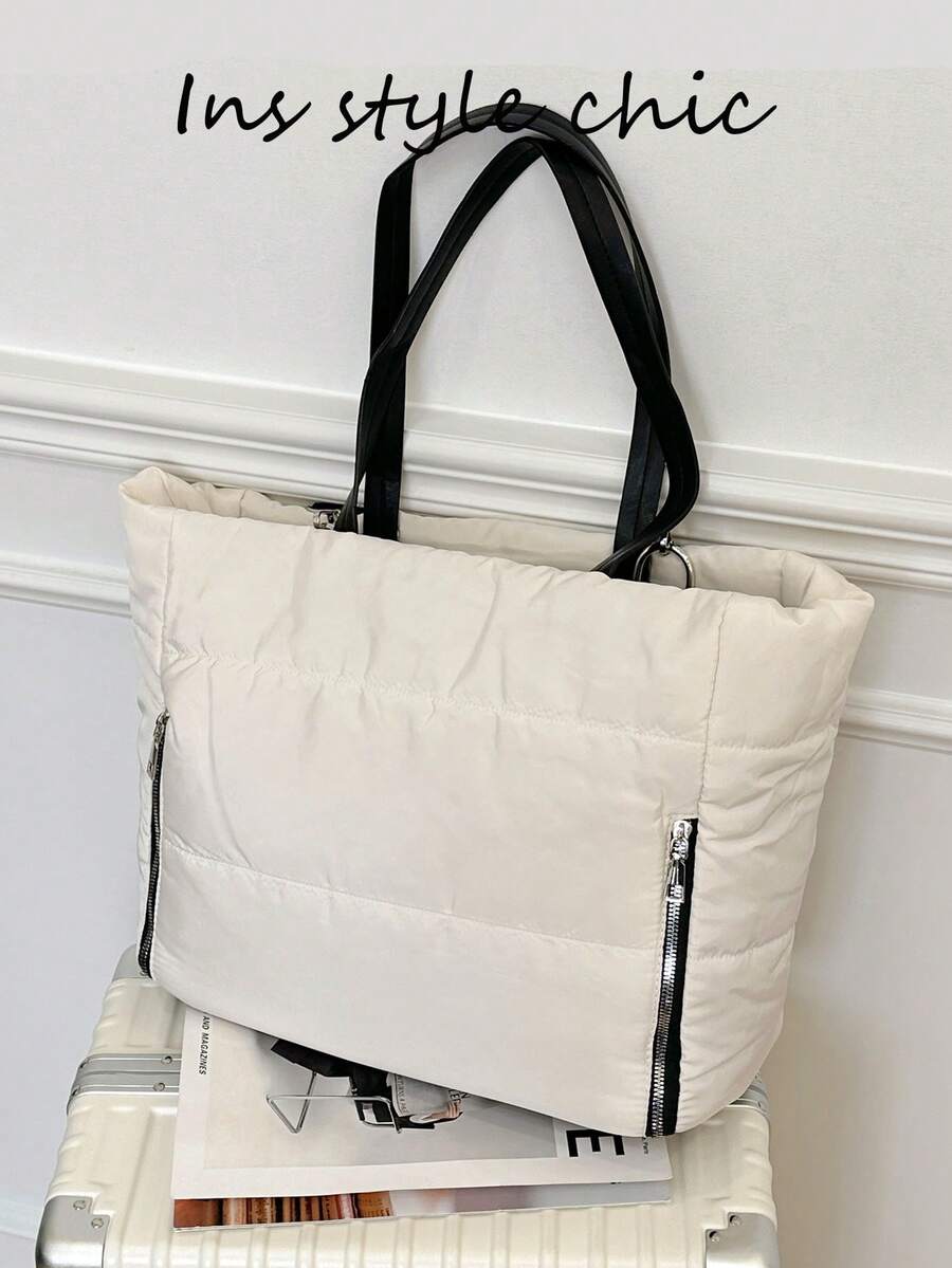 Tote Bag, Loose Large Capacity Body, Dual Handle Shoulder Straps, Zipper Pockets On Both Sides, Detachable Long Shoulder Strap. Lightweight Body, Compartmentalized Storage, Can Be Carried On Shoulder Or Crossbody, Suitable For Daily Outings, Versatile And Practical. - White - View 1