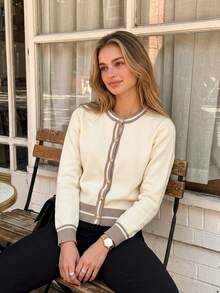 Women Knit Cardigan, Fall Winter Contrast Striped Round Neck Long Sleeve Y2K Sweet Pure Desire Textured Top For Beach Party Vacation - Apricot - View 5