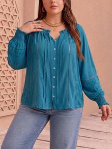 Bohemian Casual Lace Trim Patchwork Tie-Up Draped Lake Blue Plus Size Shirt - Blue - View 4