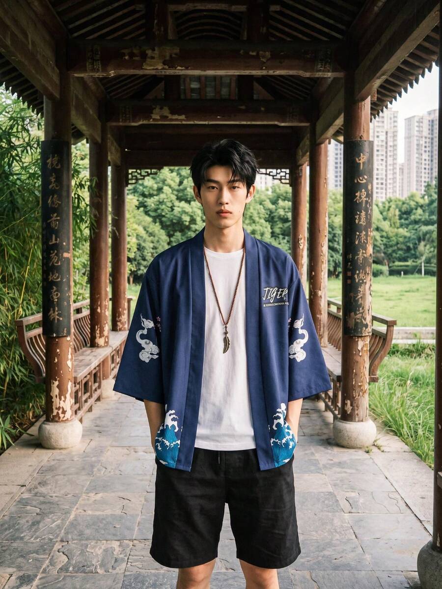 Men's Kimono Style Cardigan Casual Shirt, Tiger & Water Wave Print Jacket Top, Machine Washable, Easy Care, Comfortable Fabric - Navy Blue - View 1