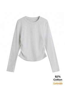 Autumn Pure Cotton Long Sleeve T-Shirt, Autumn/Winter Grey Long Sleeve Top For Women, Versatile Slimming Solid Color Inner Layer Base Layer - Gray - View 6