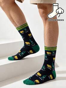 1 Pair Fun Chemistry Molecule & Formula Print Boat Socks, Contrast Mint Green Cuff & Toe, Soft Mid-Calf Cotton Socks For Men - Multicolor - View 7