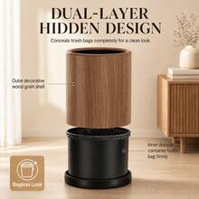 1pc Modern Retro Faux Wood Grain Round Double Layer Hidden Trash Can, Black Non-Slip Base, Bagless Design, Large Capacity, Suitable For Living Room, Bedroom, Nightstand, Bathroom, Office, Hotel And Home Decor, Japanese Minimalist Fashion Room Aesthetic Decoration, Thickened Anti-Drop Waste Paper And Miscellaneous Storage Bin, Bathroom Toilet Paper Basket - View 3