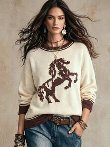 Autumn/Winter New Women's Fashion Loose Casual Vintage Contrast Color Horse Pattern Jacquard Halloween Date Sweater, Graphic Sweater, Animal Print Basic Tops, Going Out Tops, Fall Women Clothes, Y2K, Saudi National Day, Back To School, Country - Mika - View 2