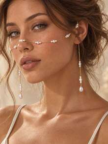 XYHEALER 1pc Pearl Face Chain For Women, Gold Tone Facial Jewelry With Teardrop Pearl Dangles, Elegant Bridal Face Accessory For Wedding Prom Party - Multicolor - View 3
