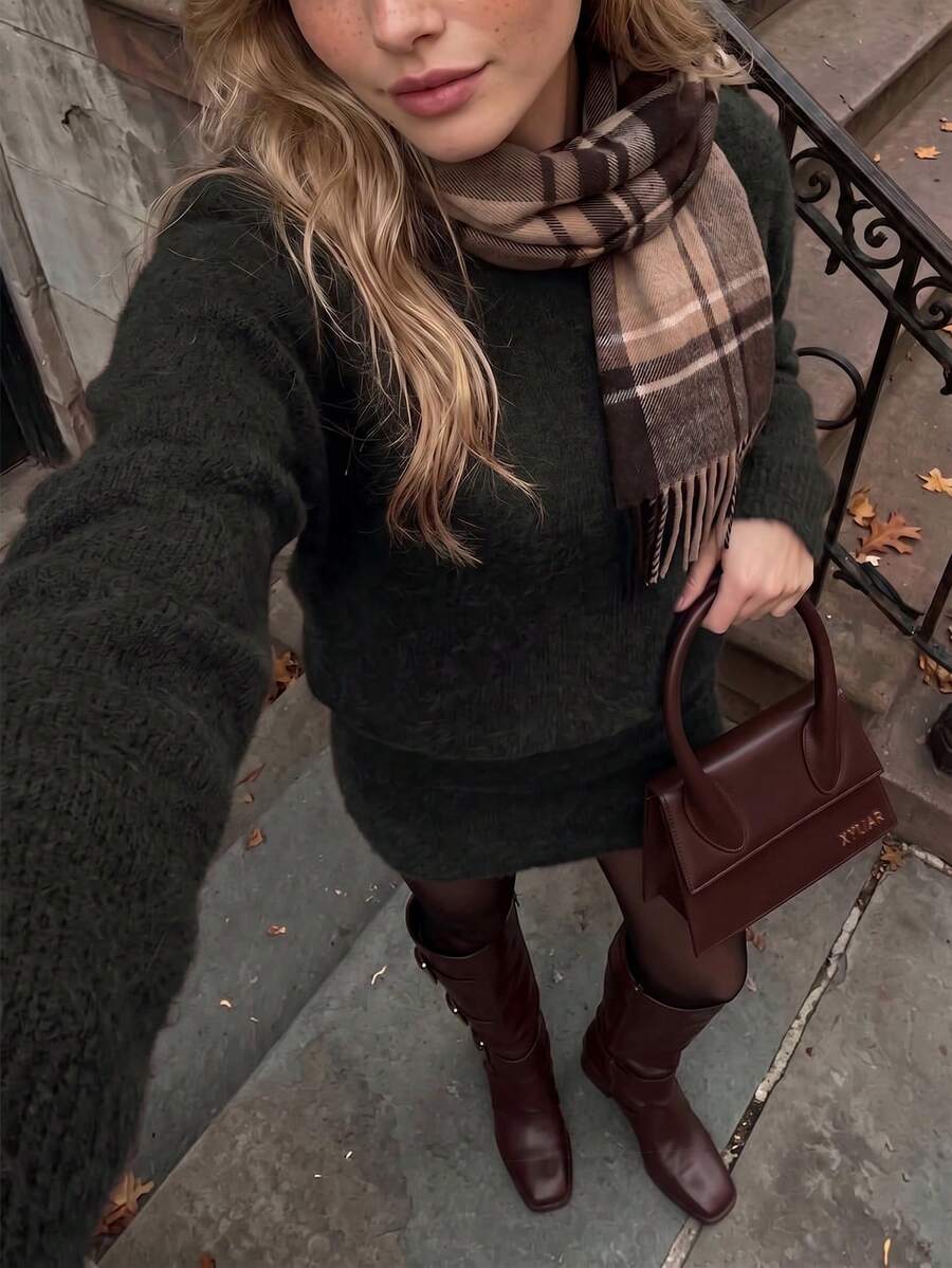 女款優雅針織毛衣套裝，秋冬風格，休閒圓領長袖套頭衫搭配中長裙，時尚純色兩件套 - 黑棕色 - 查看 1