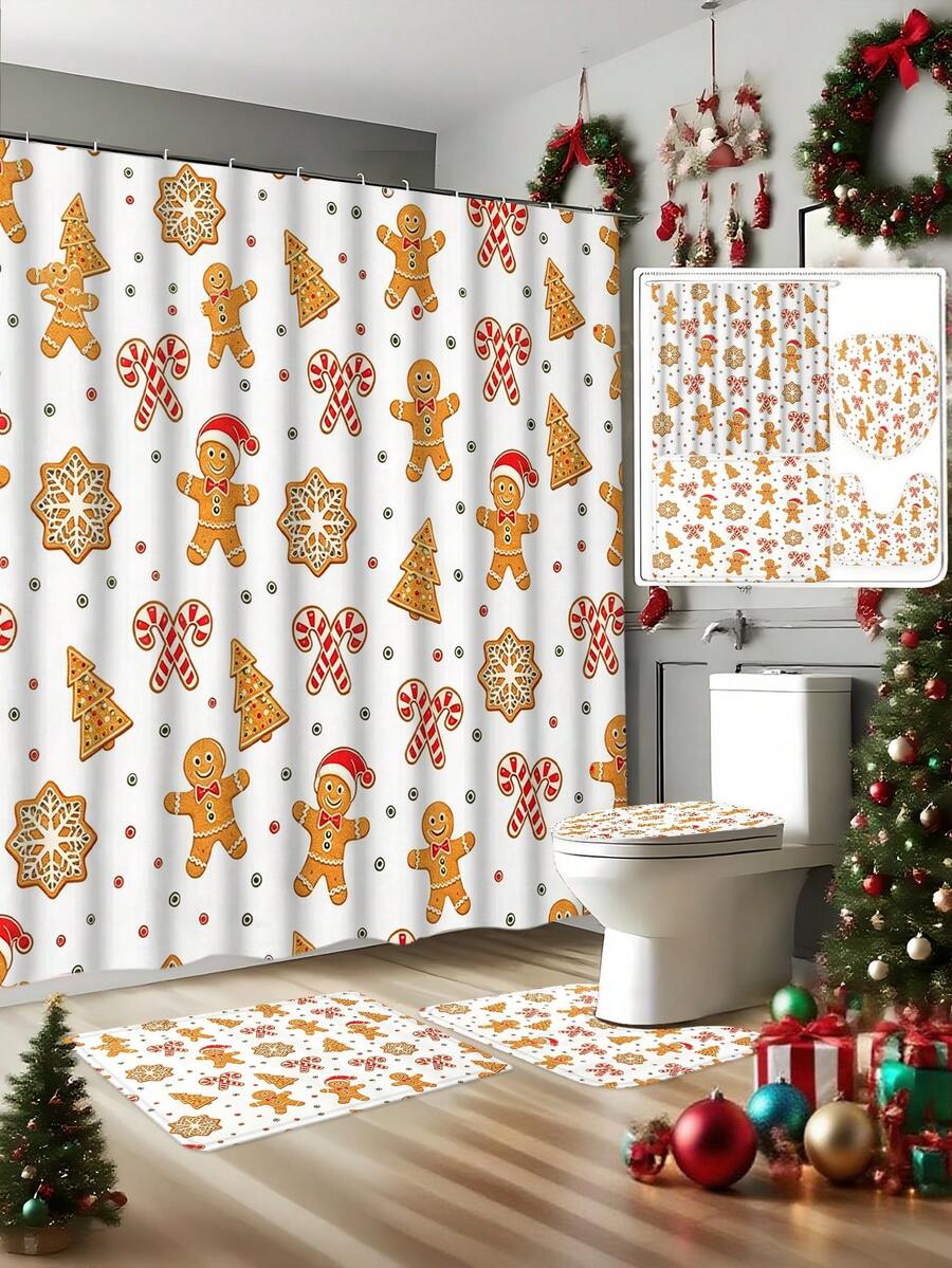 1/4 Piece Bathroom Curtain Set, Includes Non-Slip Rug, Toilet Lid Cover And Bath Mat, Christmas Gingerbread Man Candy Cane Snowflake Pattern Waterproof Shower Curtain, With 12 Hooks, Suitable For Bathroom, Size 70.8*70.8 Inches