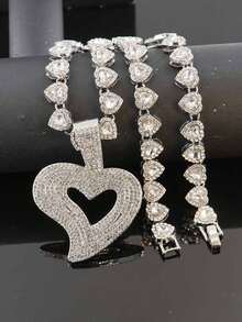 Personalized Asymmetrical Heart-Shaped Full Rhinestone Pendant Necklace, Heart-Shaped Rhinestone Chain, Hip-Hop Rap Style Couple Jewelry - Heart Pendant Necklace - View 16