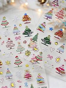 5D 浮雕金箔壓印彩色聖誕樹美甲貼紙,自黏式聖誕樹、Merry Christmas 字母、雪花、蝴蝶結與愛心美甲貼花,冬季假期 DIY 美甲裝飾,美甲藝術用品 - 彩色 - 查看 4