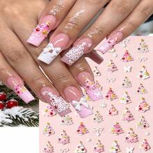 1pc 5D Christmas Nail Stickers Kawaii Embossed Pink And White Gradient Christmas Tree/Snowflake Bow Nail Decals,DIY Winter Xmas Manicure Decor - Multicolor - View 8