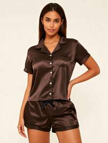 Lilivine 2pcs Satin Pajama Set, Short Sleeve Collared Top And Bow Shorts, Women Sleepwear Loungewear - Coffee Brown - View 3