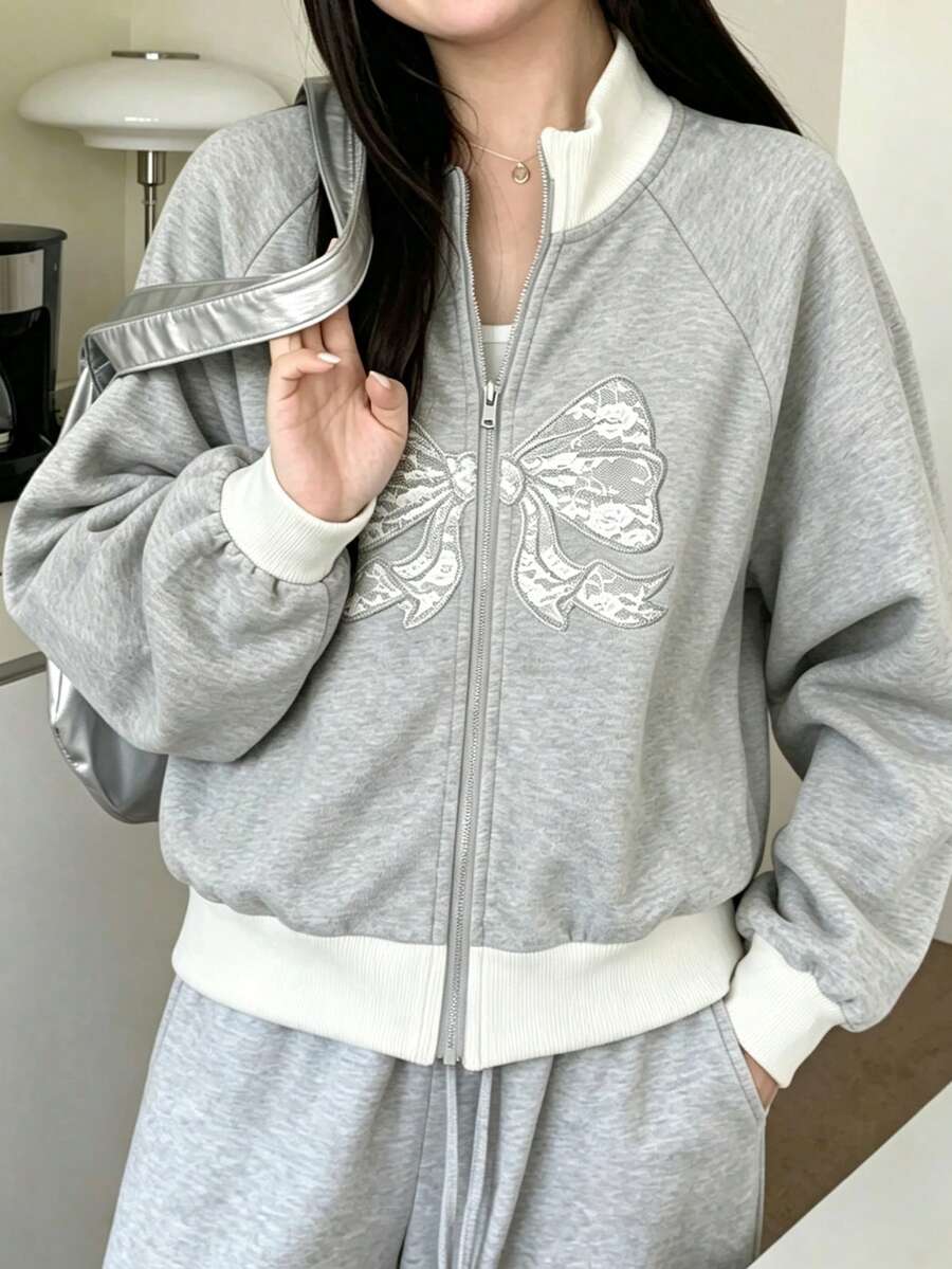 Lurzo 青少年女孩 Y2K 對比領拉鍊短版上衣,蝴蝶結圖案,拼色羅紋設計,舒適柔軟,適合日常戶外穿著 - 灰色 - 查看 1