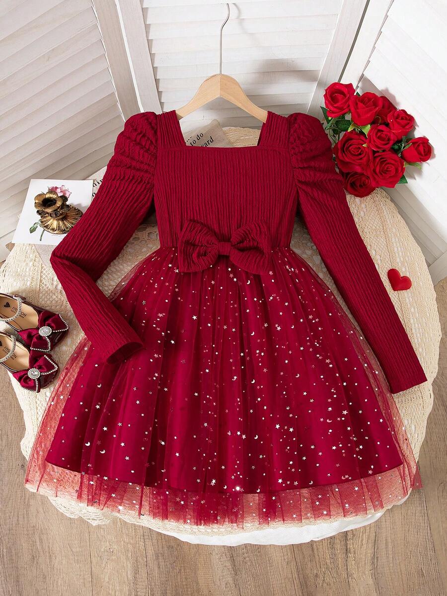 Tween Girls Fall Dress, Valentine's Day Solid Color Jacquard Square Neck Gigot Sleeve Top With Star & Moon Mesh Princess Skirt, Bow Decor - Burgundy - View 1